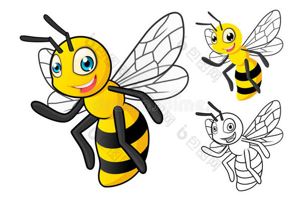 详细的蜜蜂卡通人物与平面设计和线条艺术黑白版本