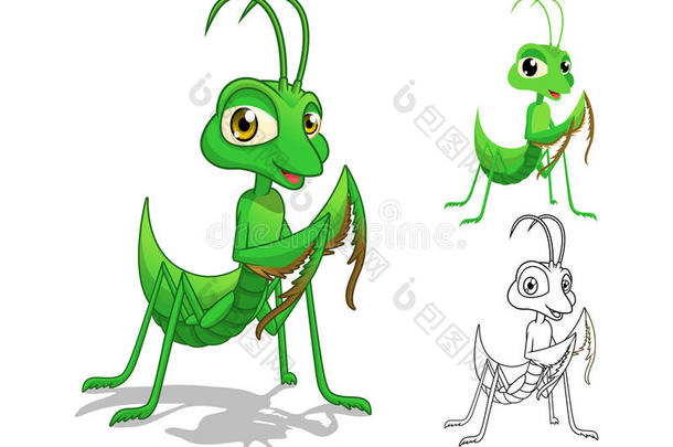 详细的螳螂卡通人物与平面设计和线条艺术黑白版本