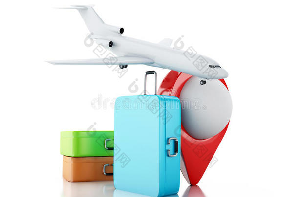 三维旅行手提箱，飞机和地图指针。