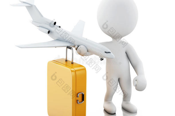 带手提箱和飞机的3D白人游客。 旅行公司