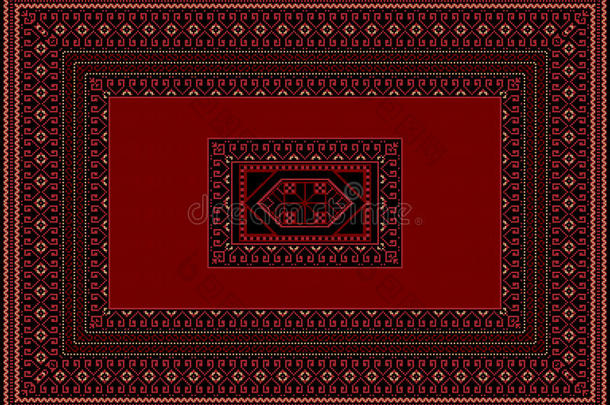 地毯上有红色和勃艮第的细节，黑色背景