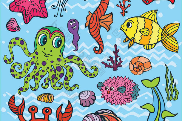 卡通有趣的鱼，海洋生活集。彩色涂鸦