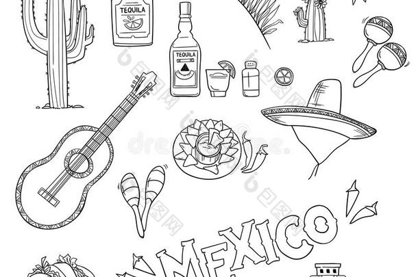 <strong>手绘</strong>矢量插图-墨西哥。 墨西哥偶像。