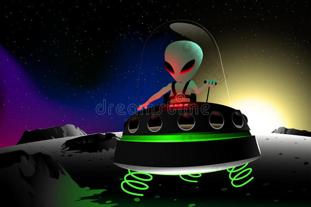 灰色外星人在UFO中在月球表面飞行