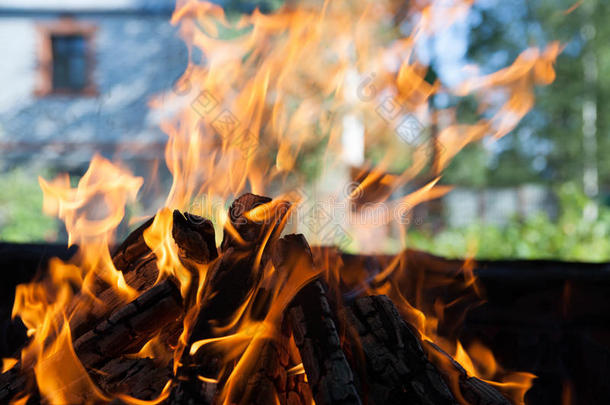 美丽的火与<strong>火焰</strong>烧焦的木材
