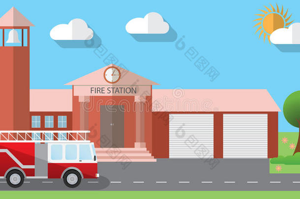 平面设计矢量插图消防站建筑和停放消防车的平面设计风格，矢量插图