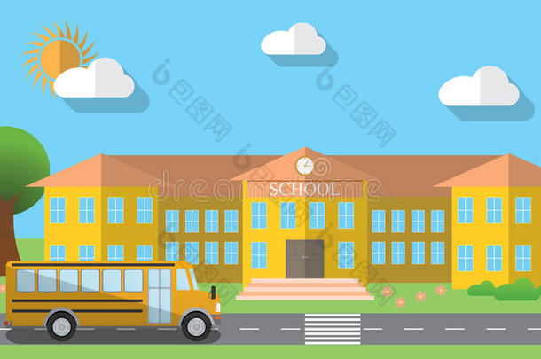 平面设计矢量插图学校建筑和停放校车的平面设计风格，矢量插图