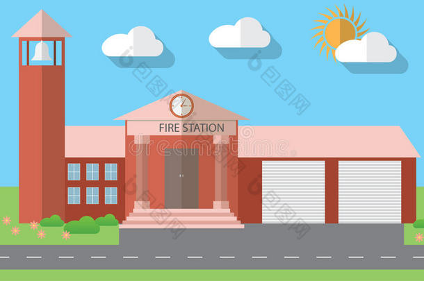 平面设计矢量插图消防站建筑平面设计风格，矢量插图
