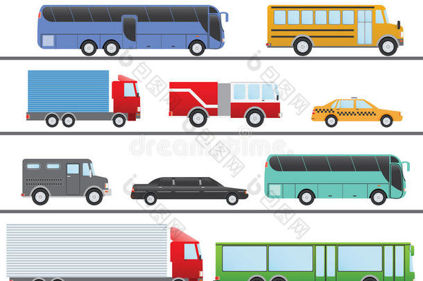 平面设计矢量插图城市交通平面图标。 卡车，公共汽车，出租车，豪华轿车，消防车和校车