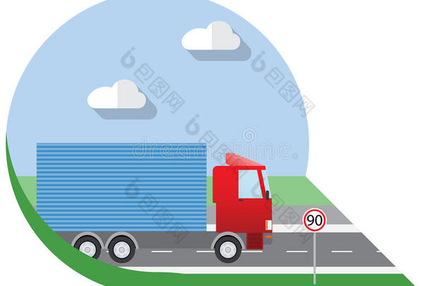 平面设计矢量插图城市运输，小卡车运输货物，侧视图标