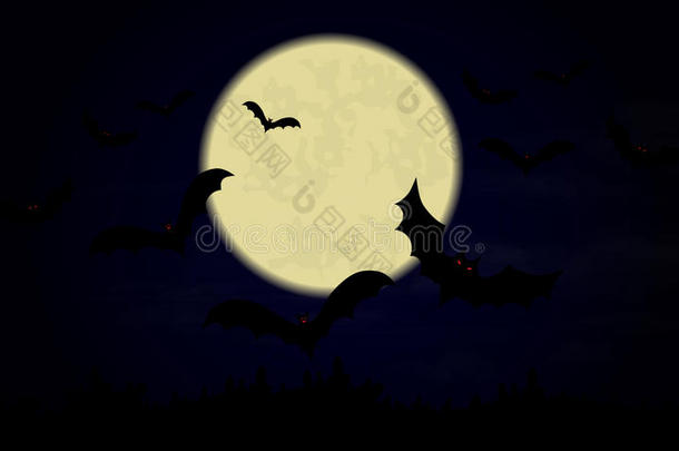 万圣节。夜晚的天空有月亮和蝙蝠。