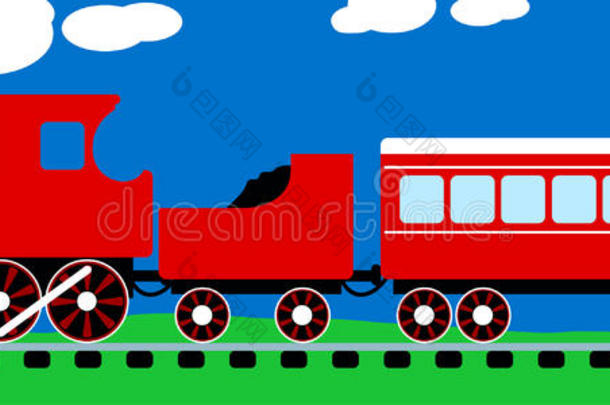 可爱的红色蒸汽火车在铁轨上