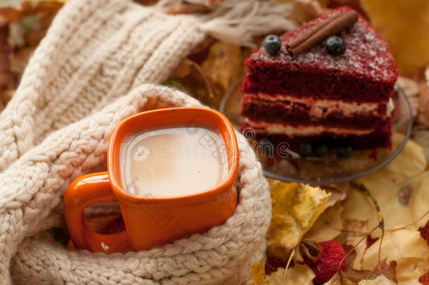 一杯橙色的<strong>奶茶</strong>，一条米色的针织围巾，一块蓝莓的仿人<strong>蛋糕</strong>，干树叶，臀部和栗子