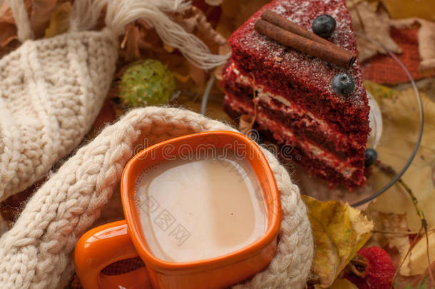 一杯橙色的奶茶，一条米色的针织围巾，一块蓝莓的仿人蛋糕，干树叶，臀部和栗子