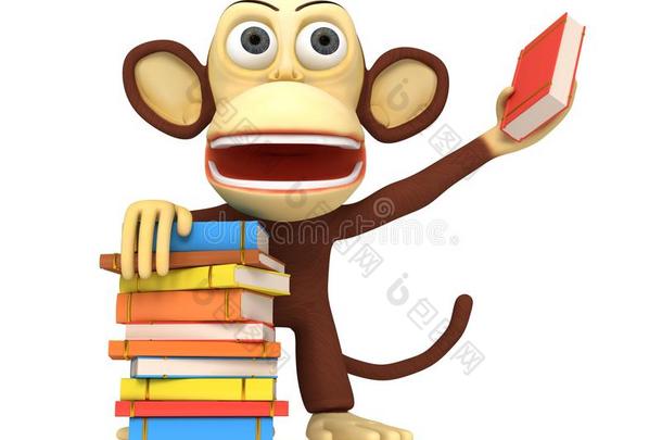 三维可爱的猴子和一堆书