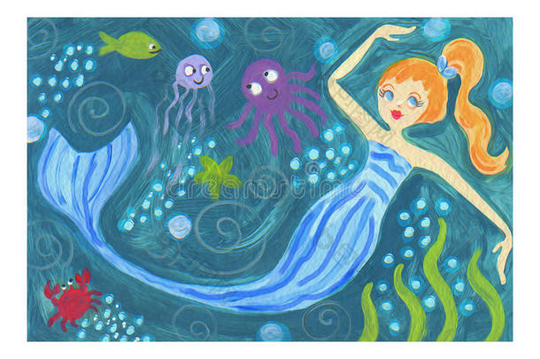 蓝色美人鱼冲浪者骑浪美人鱼幻想海洋水彩艺术