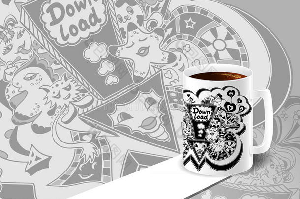 概念与杯咖啡和向下装载涂鸦怪物的白色黑色