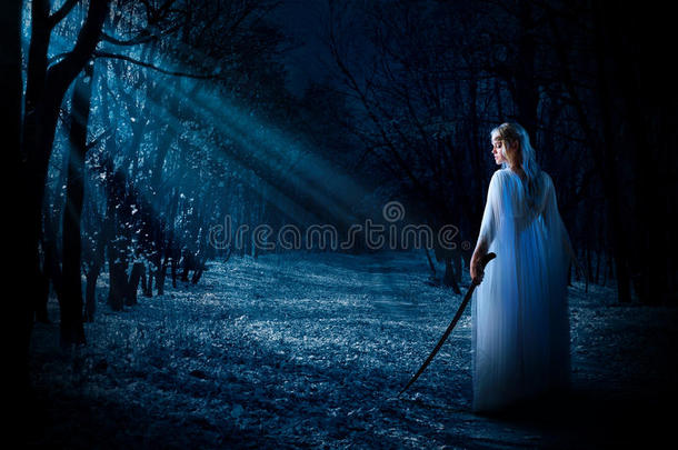 夜晚森林里带着剑的精灵女孩