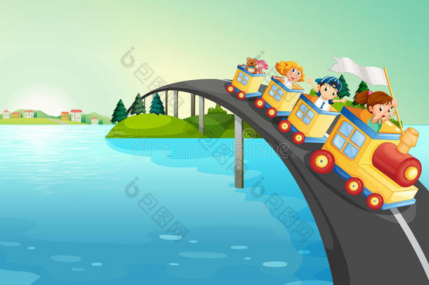 孩子们坐火车过桥