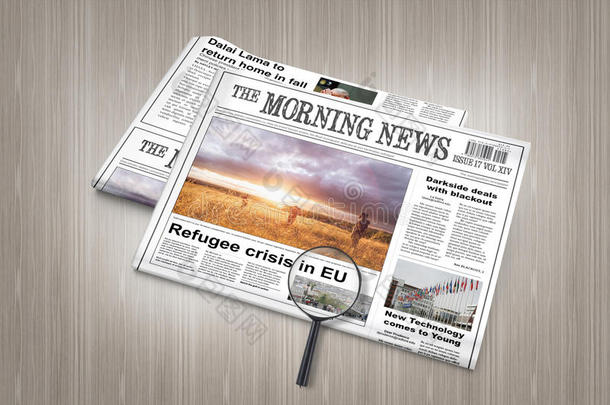 欧盟<strong>难民</strong>危机的最新消息在报纸上的桌子上