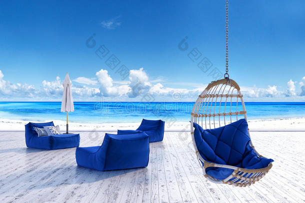 海滩躺椅，带遮阳伞和吊椅