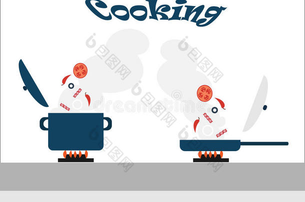 烹饪-在锅里加入配料，在炉子上放一个煎锅