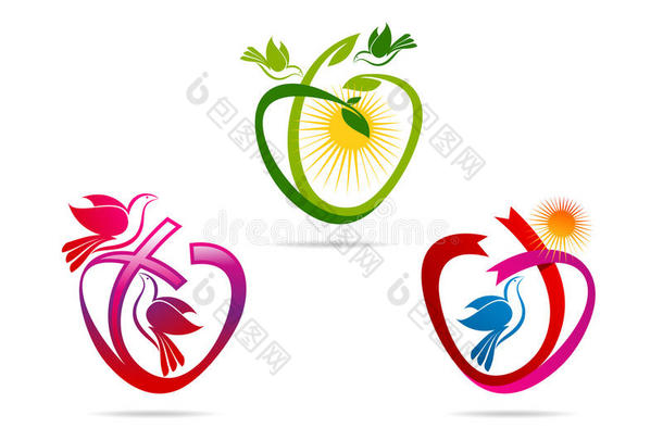 绿色心脏标志，爱情形状丝带与鸽子符号，鸽子精神神圣图标，设计理念婚姻和平健康