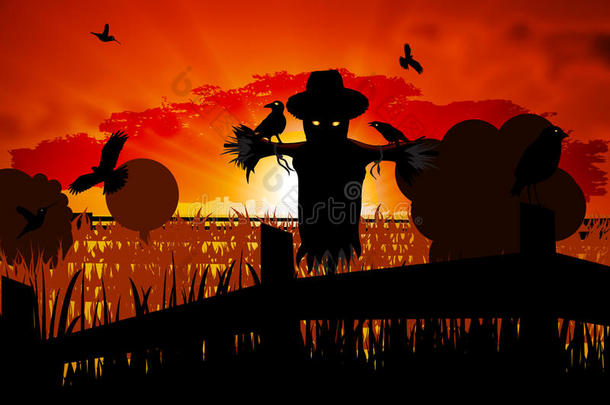 秋天的稻草人守护着田野，远离乌鸦的万圣节