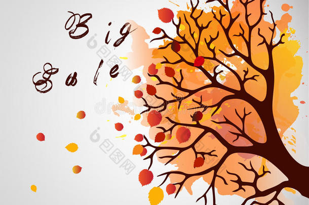 秋天的树，白色背景上有落叶。优雅的设计与文字空间和理想的平衡颜色。