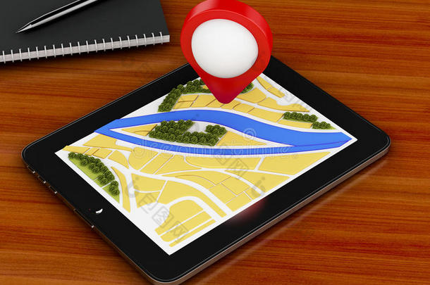 三维平板电脑与导航地图和指针标记在城市。