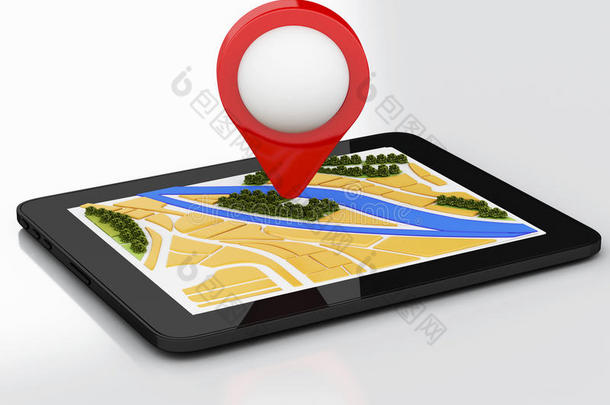 三维平板电脑与导航地图和指针标记在城市。