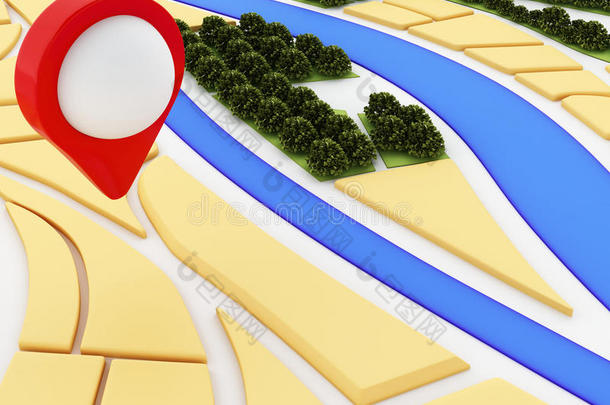 城市上的三维导航器地图和指针标记。