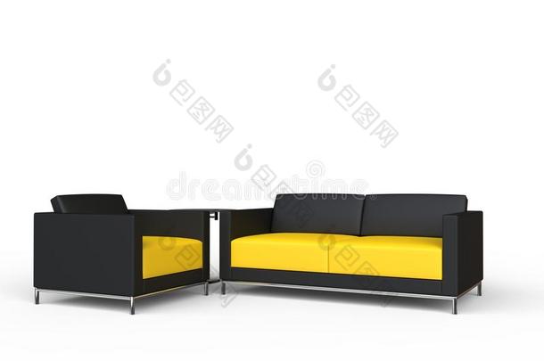 黑色和黄色沙发和扶手椅一套