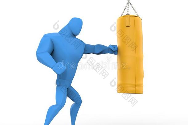 <strong>三维</strong>蓝色拳击手<strong>训练</strong>沉重的袋子。