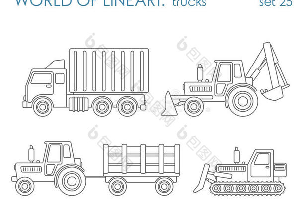 建筑运输线艺术矢量：挖掘机拖拉机平地机