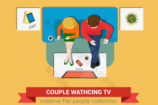 夫妇在<strong>沙发</strong>上看电视在矢量平顶视图