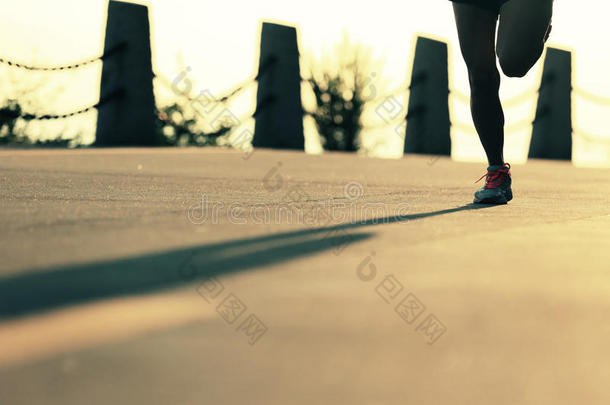 健身妇女在日<strong>出海</strong>滨小径上跑步