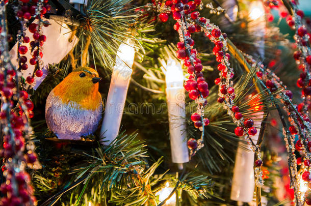 鸟圣诞玩具坐在装饰好的圣诞树上