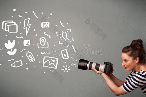 摄影师女孩捕捉白色摄影图标和符号