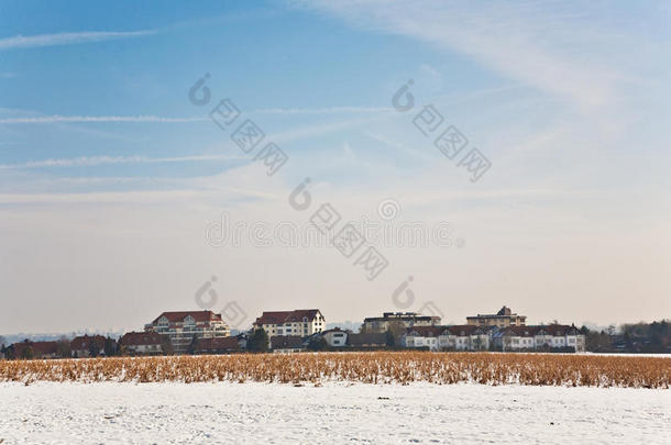 冬季有水塔和房屋区的美丽景观