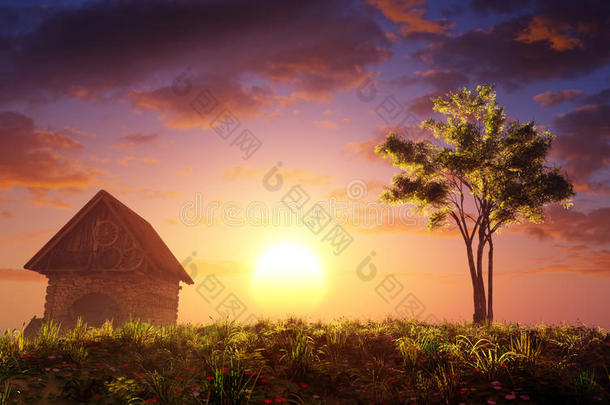 日落山上的小屋和树