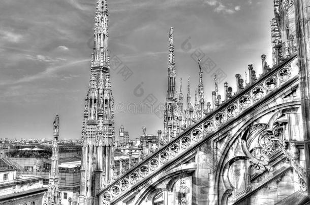 黑白照片的白色大理石雕像，尖塔和石雕在著名的大教堂屋顶