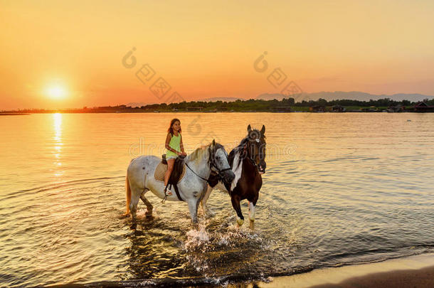 美丽的小女孩<strong>骑着马</strong>在<strong>着马</strong>在海边