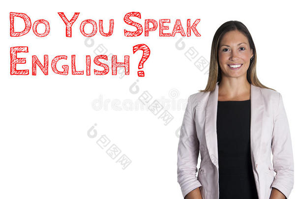 你会说英语吗？ 句子单词语言学校。 白色背景的女人