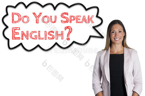 你会说英语吗？ 云句词语言学校。 白色背景的女人