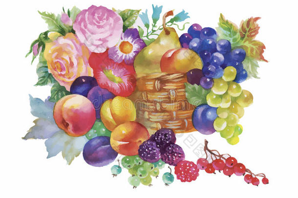 五颜六色的夏季成熟水果篮水彩插图