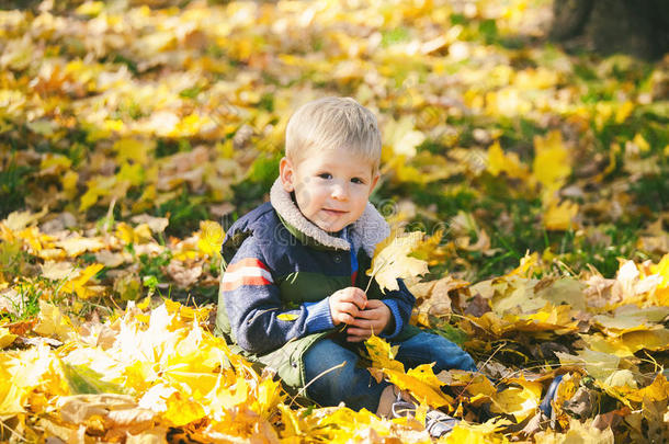 可爱的小孩子在公园玩秋天的橙色叶子