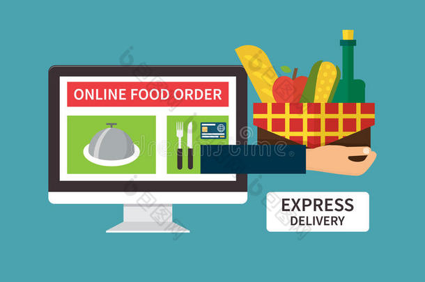 食品送货，在线互联网订单。 平面矢量