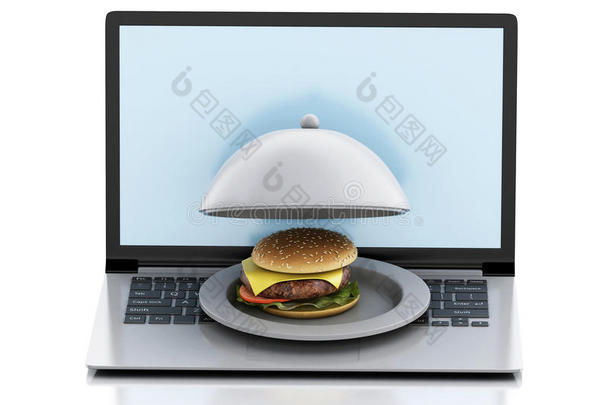 3D笔记本电脑。 在线和互联网食品配送概念。