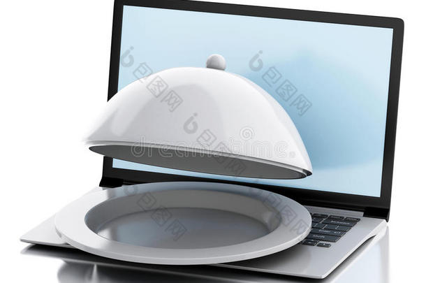 带有餐厅Cloche的3D笔记本电脑。 在线食品配送概念。